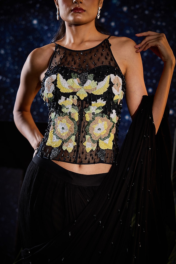 Black Chiffon & Lycra Pre-Draped Wedding Saree Set by Rouble Vohra D at Pernia's Pop Up Shop