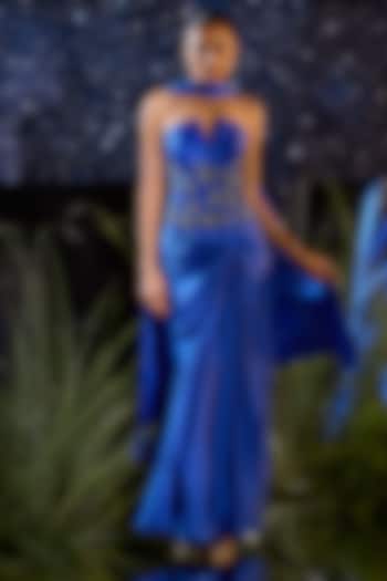 Royal Blue Silk Satin Lycra Draped Skirt Set by Rouble Vohra D at Pernia's Pop Up Shop
