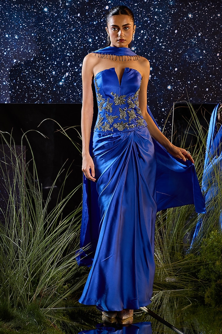 Royal Blue Silk Satin Lycra Draped Skirt Set by Rouble Vohra D at Pernia's Pop Up Shop