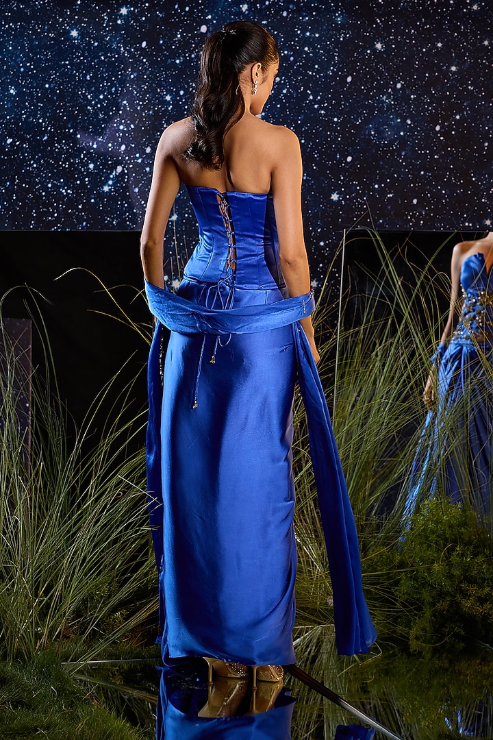 Royal Blue Silk Satin Lycra Draped Skirt Set by Rouble Vohra D at Pernia's Pop Up Shop