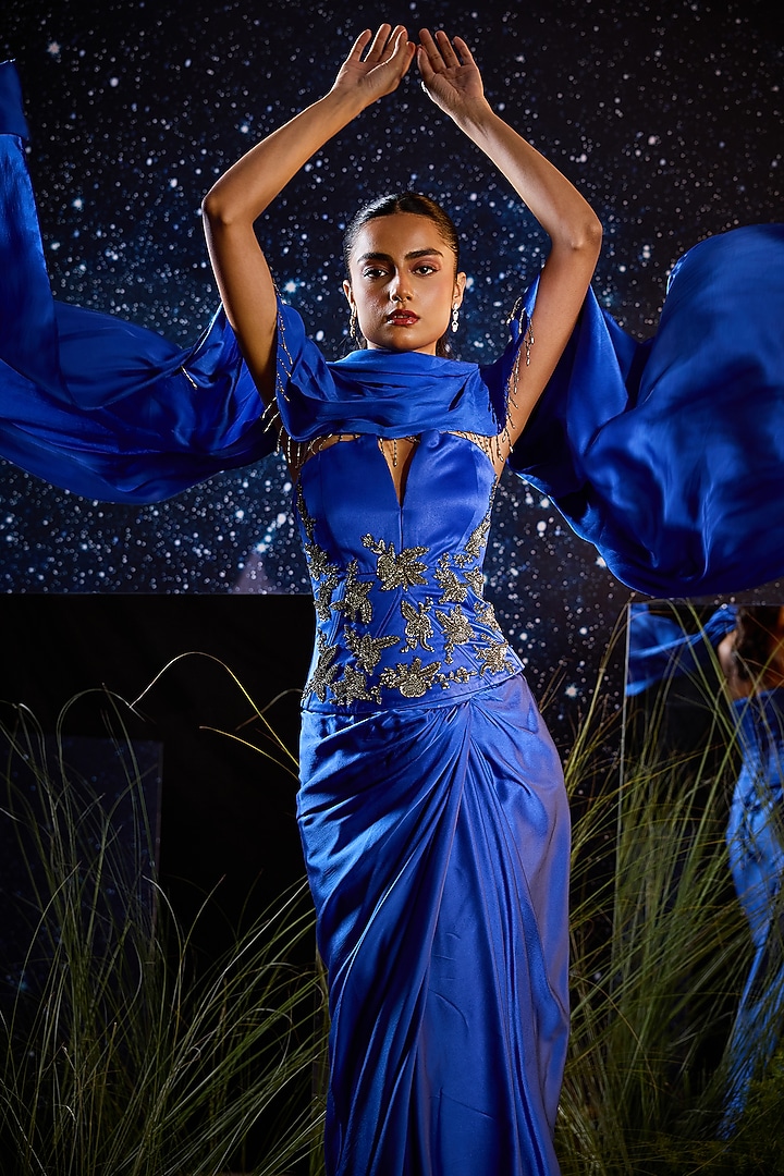 Royal Blue Silk Satin Lycra Draped Skirt Set by Rouble Vohra D at Pernia's Pop Up Shop