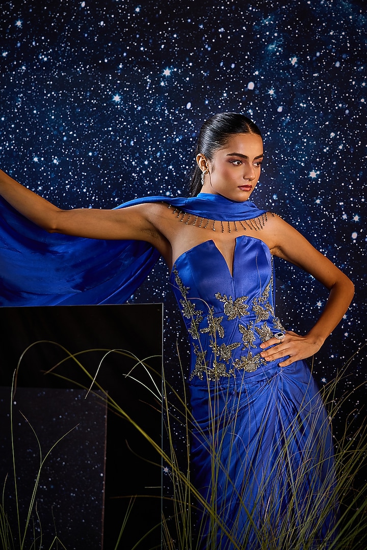 Royal Blue Silk Satin Lycra Draped Skirt Set by Rouble Vohra D at Pernia's Pop Up Shop