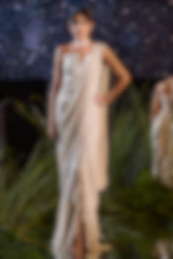 Off-White Georgette Lycra Satin Draped Wedding Saree Set by Rouble Vohra D at Pernia's Pop Up Shop