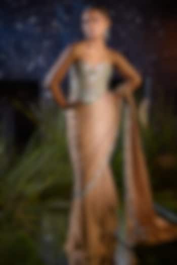 Beige Crinkle Chiffon & Lycra Draped Wedding Saree Set by Rouble Vohra D at Pernia's Pop Up Shop