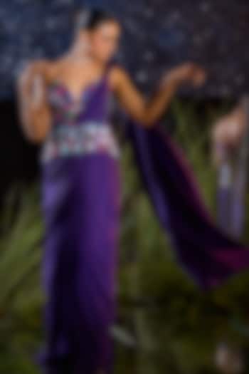 Purple Silk Lycra Draped Wedding Saree Set by Rouble Vohra D at Pernia's Pop Up Shop