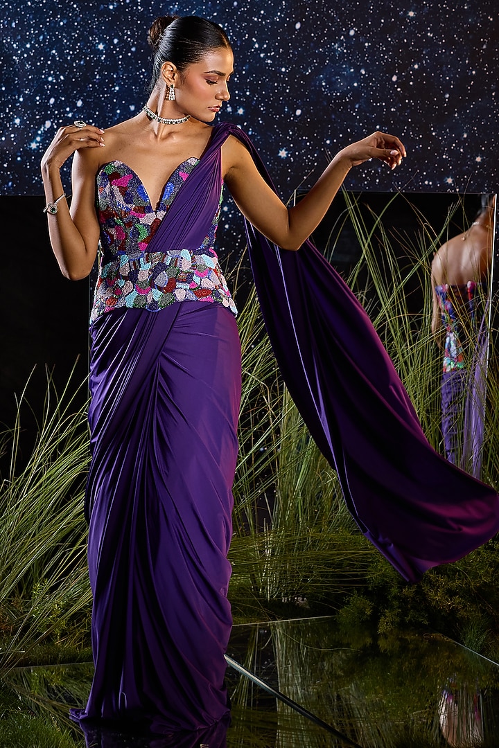 Purple Silk Lycra Draped Wedding Saree Set by Rouble Vohra D at Pernia's Pop Up Shop