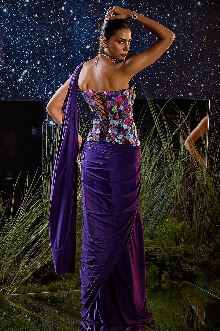 Purple Silk Lycra Draped Wedding Saree Set by Rouble Vohra D at Pernia's Pop Up Shop