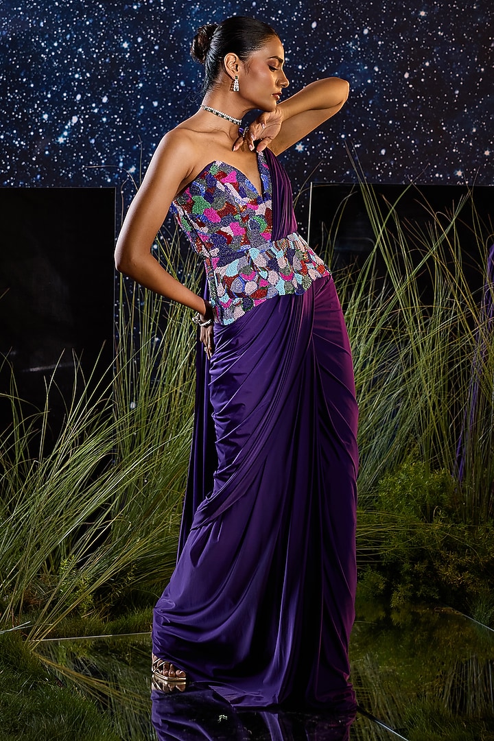 Purple Silk Lycra Draped Wedding Saree Set by Rouble Vohra D at Pernia's Pop Up Shop
