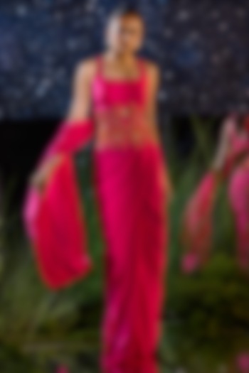 Hot Pink Lycra Draped Wedding Saree Set by Rouble Vohra D at Pernia's Pop Up Shop