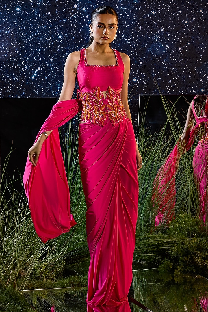Hot Pink Lycra Draped Wedding Saree Set by Rouble Vohra D at Pernia's Pop Up Shop