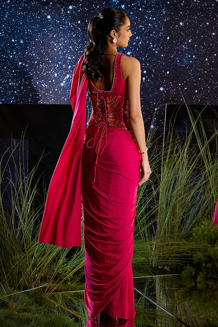 Hot Pink Lycra Draped Wedding Saree Set by Rouble Vohra D at Pernia's Pop Up Shop