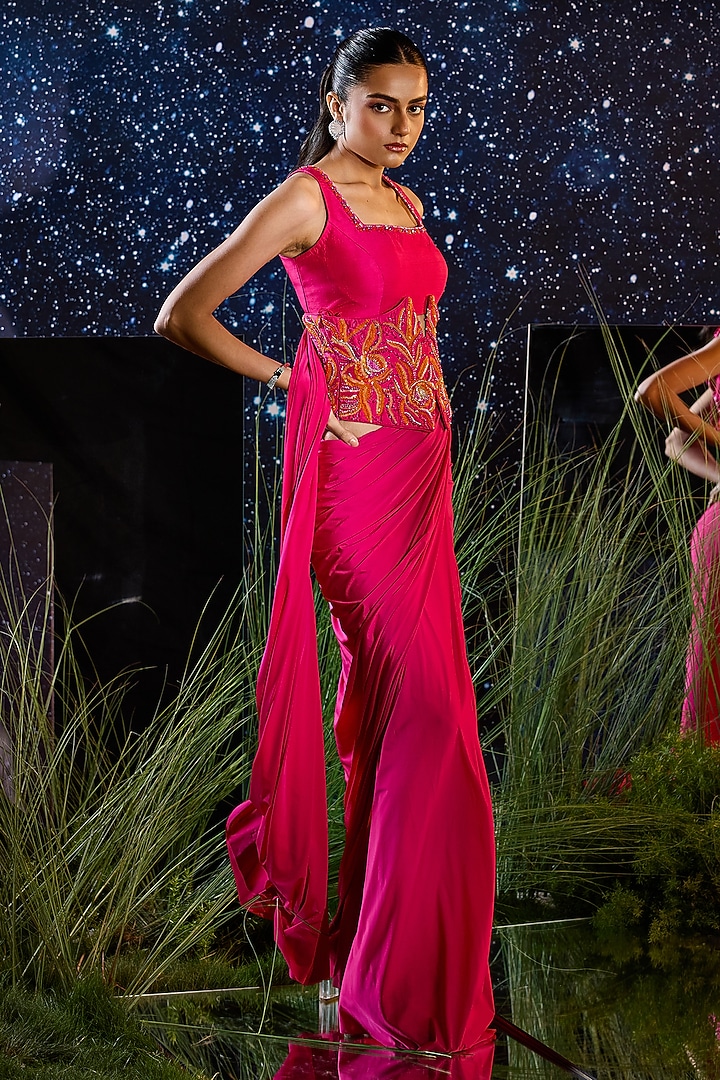 Hot Pink Lycra Draped Wedding Saree Set by Rouble Vohra D at Pernia's Pop Up Shop