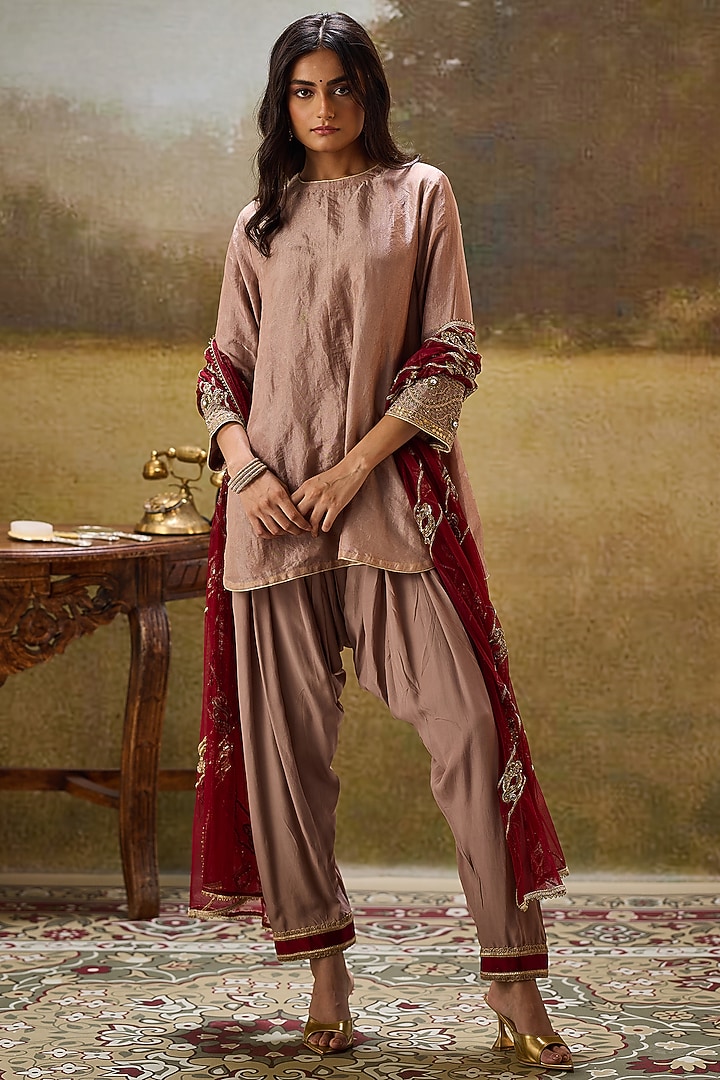 Nude Tissue Net Sequins Embroidered Kurta Set by Rouble Vohra D at Pernia's Pop Up Shop