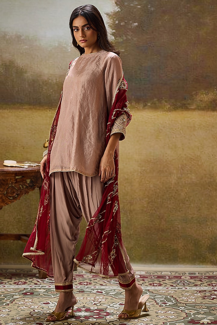 Nude Tissue Net Sequins Embroidered Kurta Set by Rouble Vohra D at Pernia's Pop Up Shop