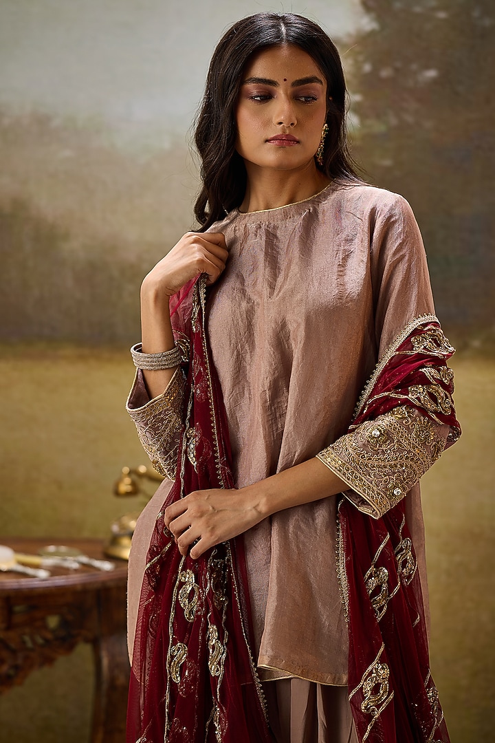Nude Tissue Net Sequins Embroidered Kurta Set by Rouble Vohra D at Pernia's Pop Up Shop