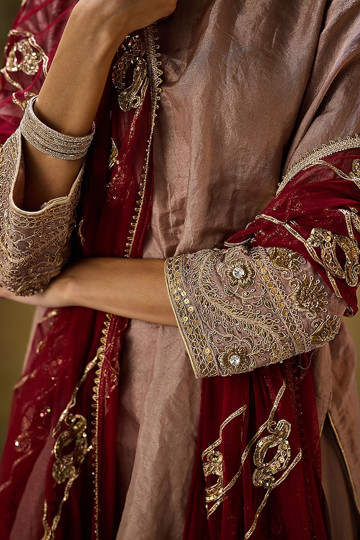 Nude Tissue Net Sequins Embroidered Kurta Set by Rouble Vohra D at Pernia's Pop Up Shop