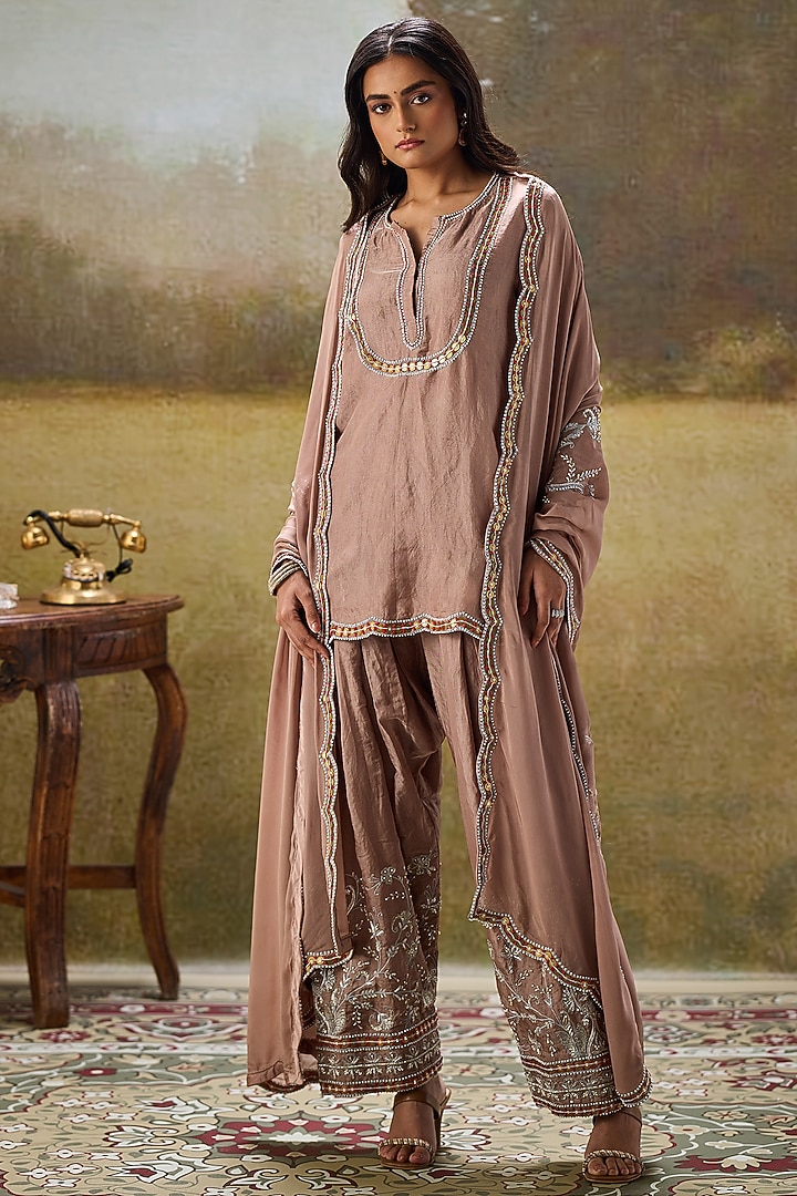 Nude Tissue Organza Sequins Embroidered Kurta Set by Rouble Vohra D at Pernia's Pop Up Shop