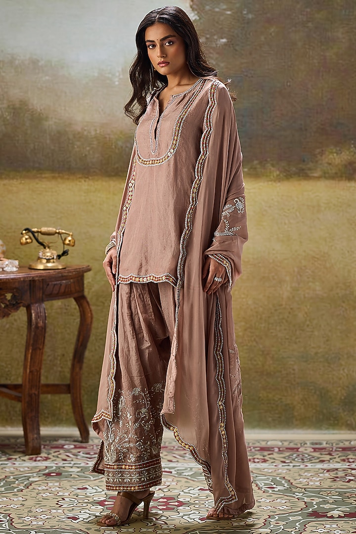 Nude Tissue Organza Sequins Embroidered Kurta Set by Rouble Vohra D at Pernia's Pop Up Shop