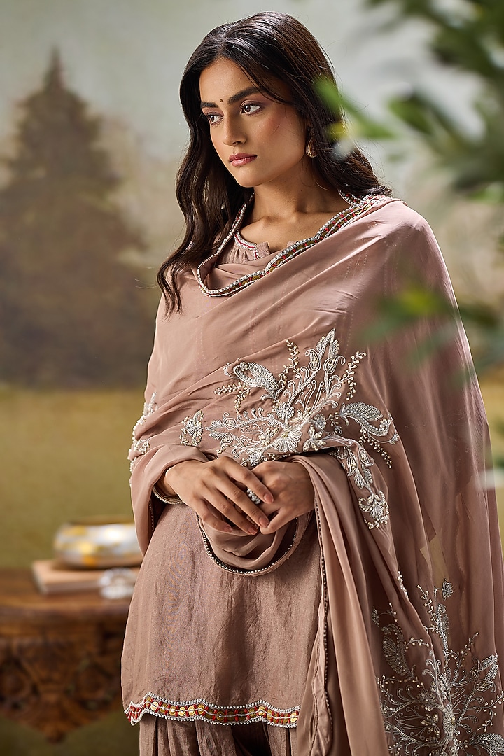 Nude Tissue Organza Sequins Embroidered Kurta Set by Rouble Vohra D at Pernia's Pop Up Shop