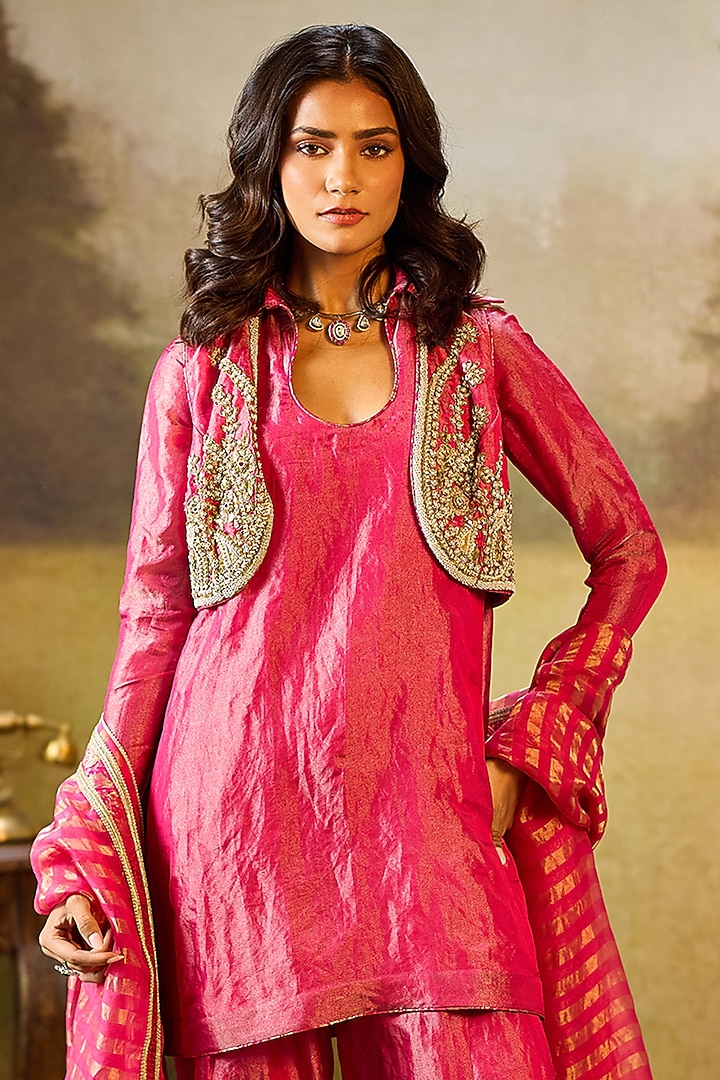 Hot pink Tissue Gota Embroidered Kurta Set by Rouble Vohra D at Pernia's Pop Up Shop