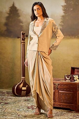 Off-White Raw Silk Sequins Embroidered Jacket Set by Rouble Vohra D