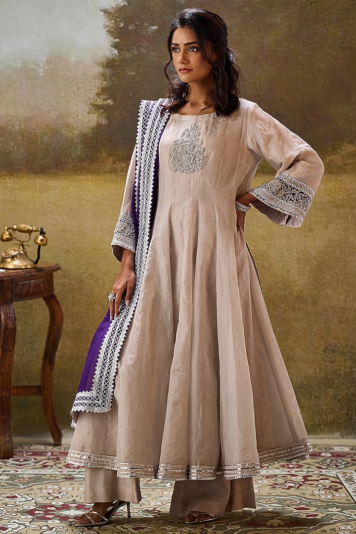 Silver Tissue Dabka Embroidered Wedding Anarkali Set by Rouble Vohra D at Pernia's Pop Up Shop