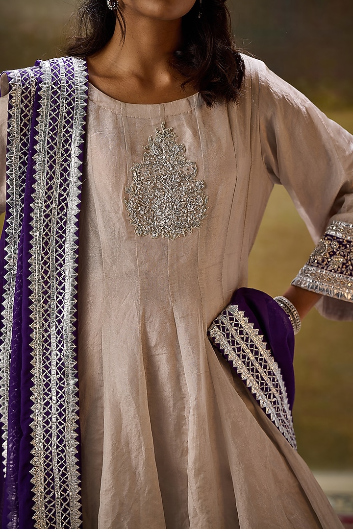 Silver Tissue Dabka Embroidered Wedding Anarkali Set by Rouble Vohra D at Pernia's Pop Up Shop