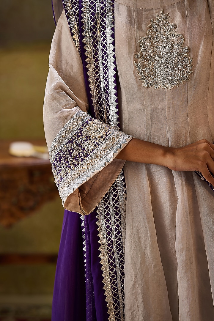 Silver Tissue Dabka Embroidered Wedding Anarkali Set by Rouble Vohra D at Pernia's Pop Up Shop
