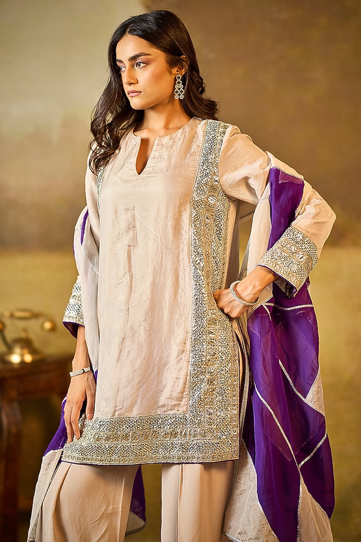 Silver Tissue Organza Sequins Embroidered Kurta Set by Rouble Vohra D at Pernia's Pop Up Shop