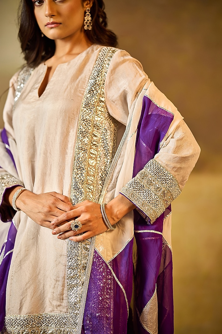 Silver Tissue Organza Sequins Embroidered Kurta Set by Rouble Vohra D at Pernia's Pop Up Shop