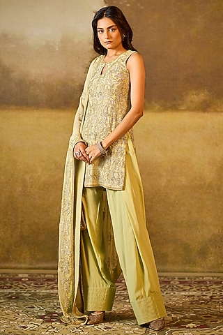 Green Georgette Kurta Set by Rouble Vohra D