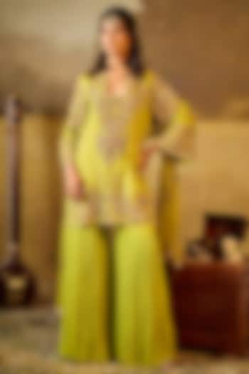 Green Tissue Georgette Gharara Set by Rouble Vohra D at Pernia's Pop Up Shop