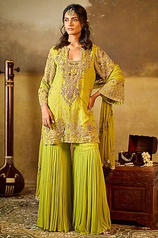 Green Tissue Georgette Gharara Set by Rouble Vohra D