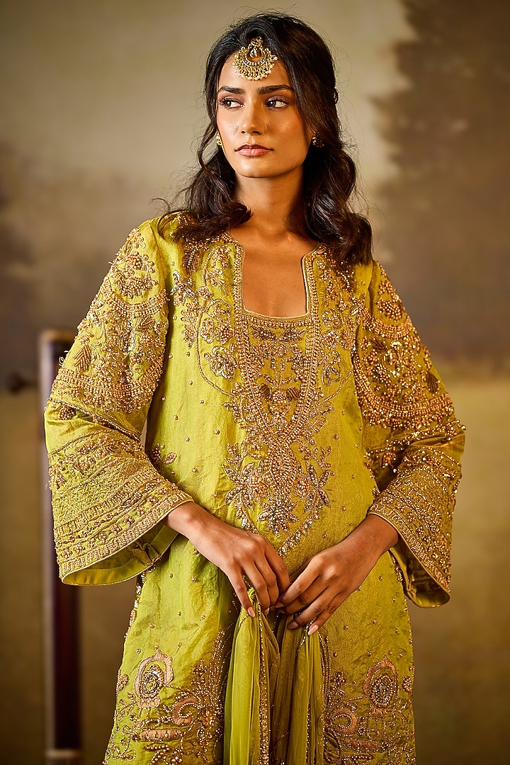 Green Tissue Georgette Gharara Set by Rouble Vohra D at Pernia's Pop Up Shop