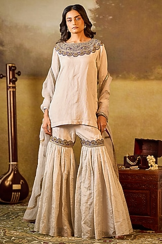 Silver Tissue Organza Gharara Set by Rouble Vohra D