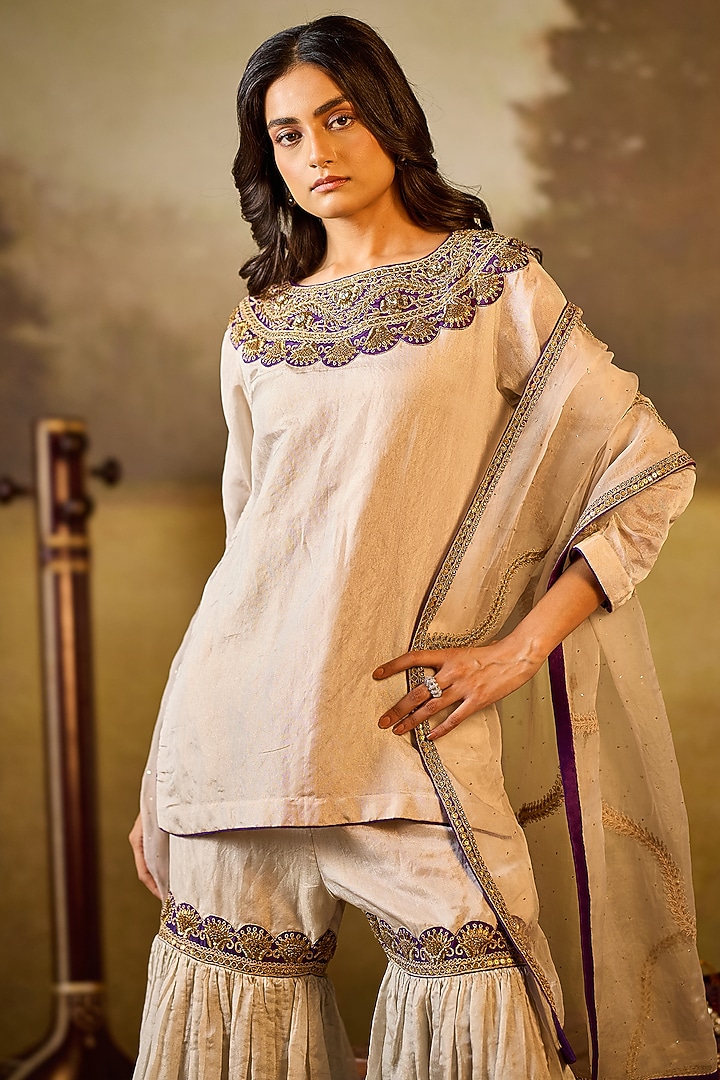 Silver Tissue Organza Gharara Set by Rouble Vohra D at Pernia's Pop Up Shop