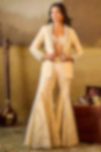 Ivory Raw Silk Cut-Out Jacket Set by Rouble Vohra D at Pernia's Pop Up Shop