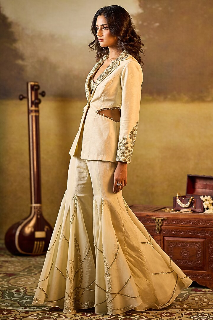 Ivory Raw Silk Cut-Out Jacket Set by Rouble Vohra D at Pernia's Pop Up Shop