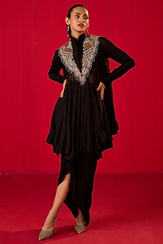 Black Crepe Dhoti Set by Rouble Vohra D