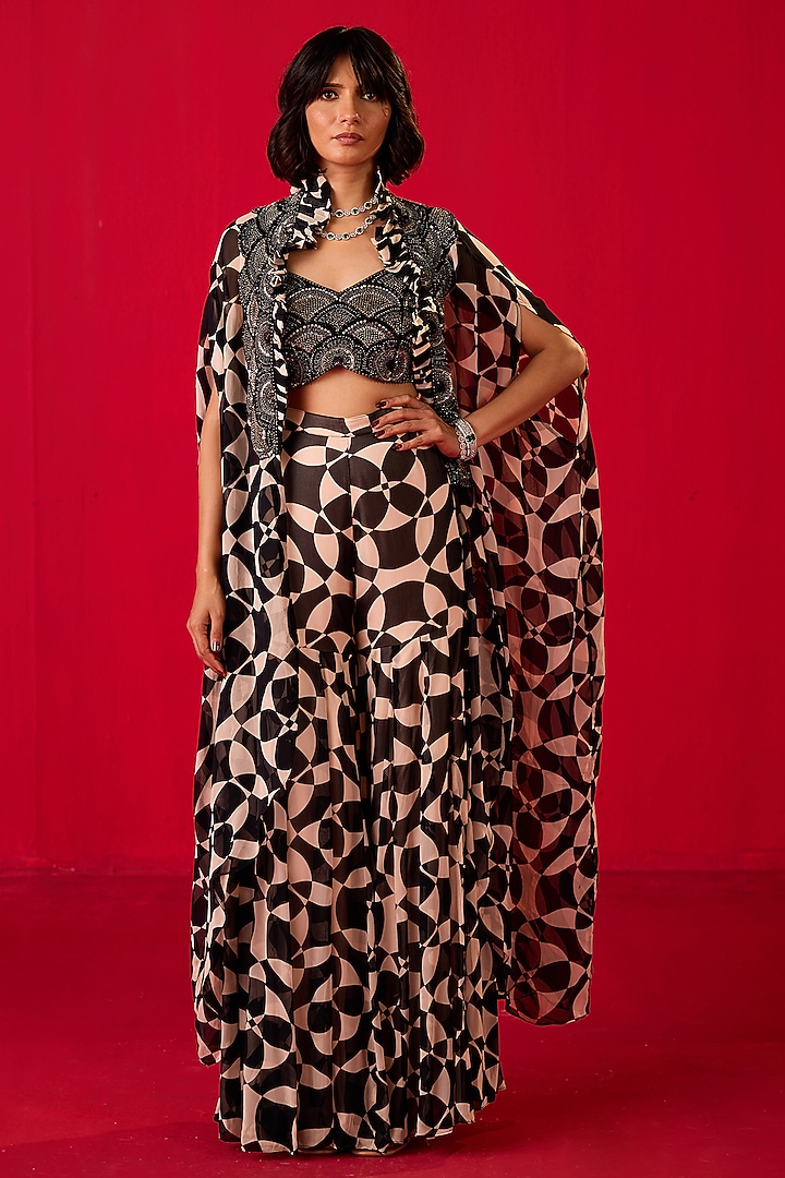 Black & White Georgette Printed Gharara Set by Rouble Vohra D at Pernia's Pop Up Shop
