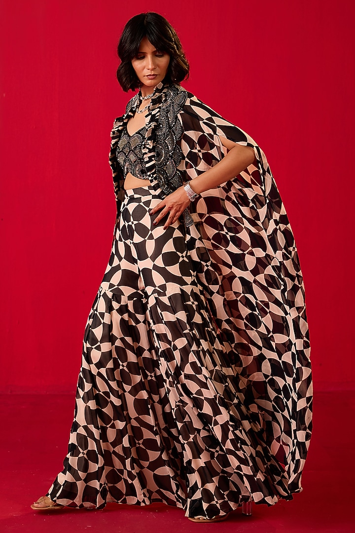 Black & White Georgette Printed Gharara Set by Rouble Vohra D at Pernia's Pop Up Shop