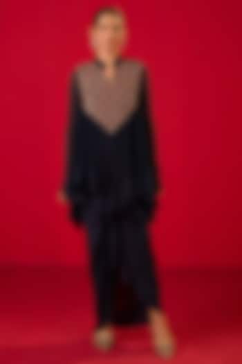 Blue Crepe Crinkled Chiffon Dhoti Set by Rouble Vohra D at Pernia's Pop Up Shop