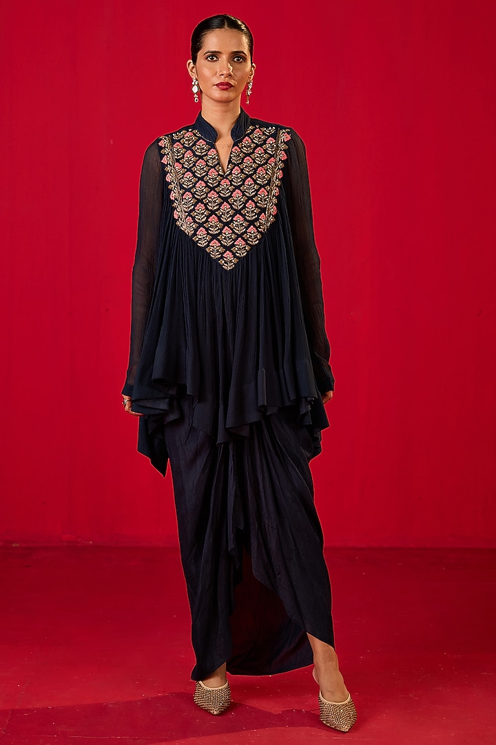 Blue Crepe Crinkled Chiffon Dhoti Set by Rouble Vohra D at Pernia's Pop Up Shop