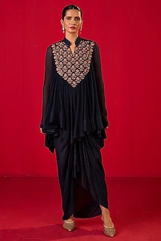 Blue Crepe Crinkled Chiffon Dhoti Set by Rouble Vohra D