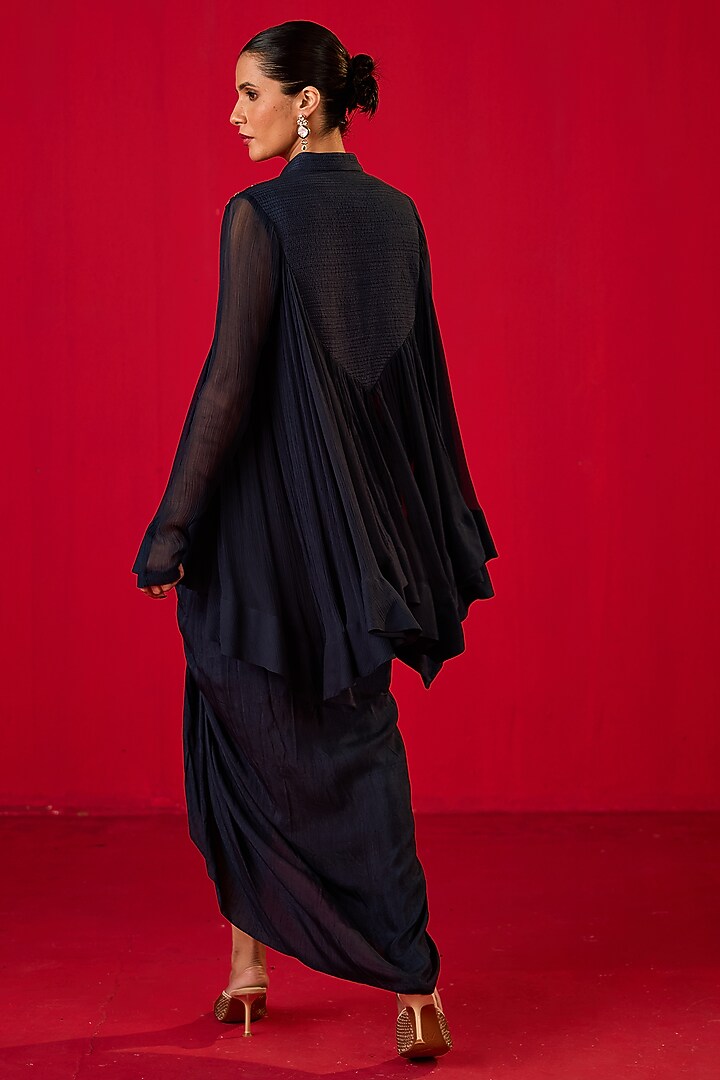Blue Crepe Crinkled Chiffon Dhoti Set by Rouble Vohra D at Pernia's Pop Up Shop