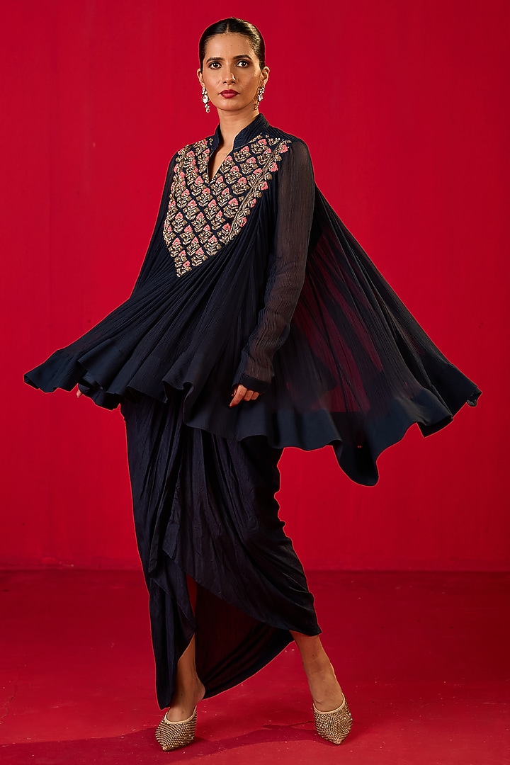 Blue Crepe Crinkled Chiffon Dhoti Set by Rouble Vohra D at Pernia's Pop Up Shop