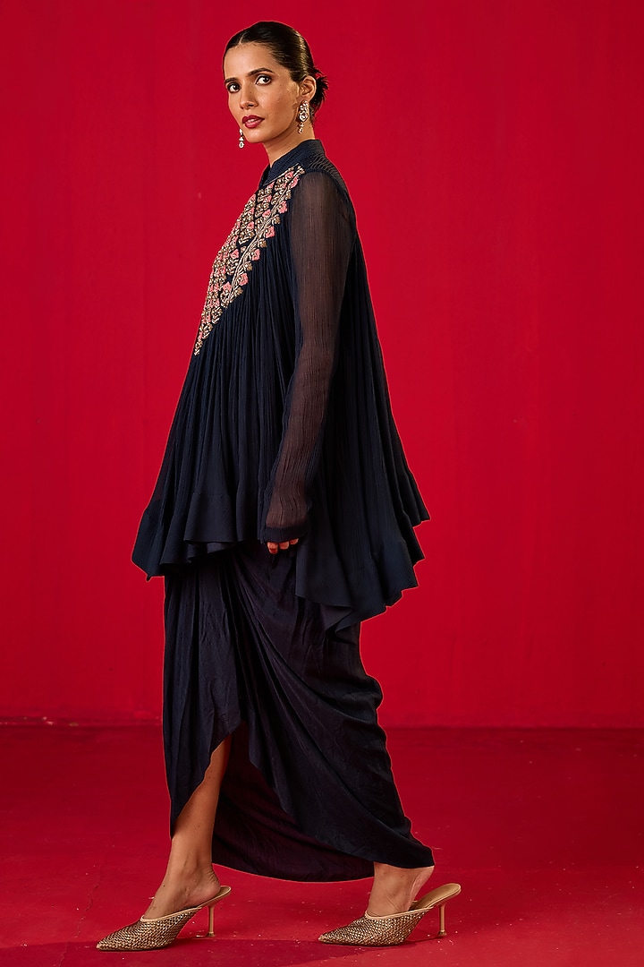 Blue Crepe Crinkled Chiffon Dhoti Set by Rouble Vohra D at Pernia's Pop Up Shop