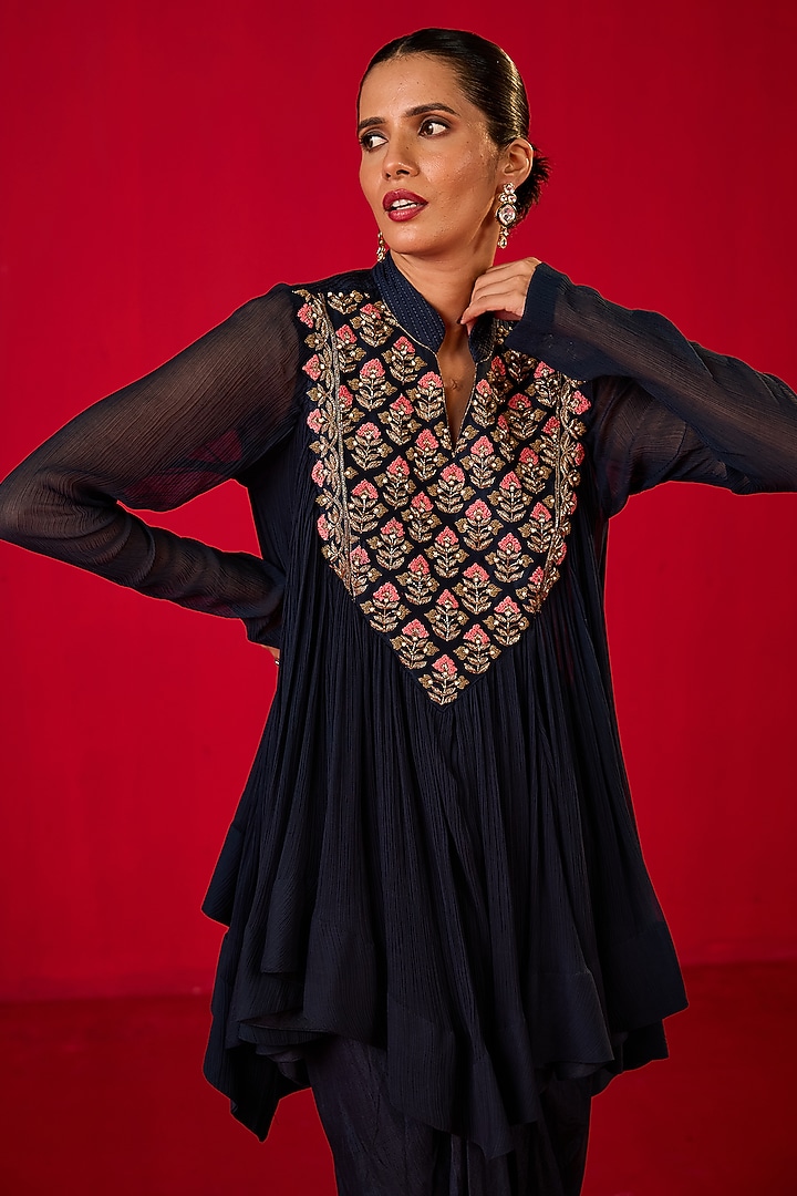 Blue Crepe Crinkled Chiffon Dhoti Set by Rouble Vohra D at Pernia's Pop Up Shop