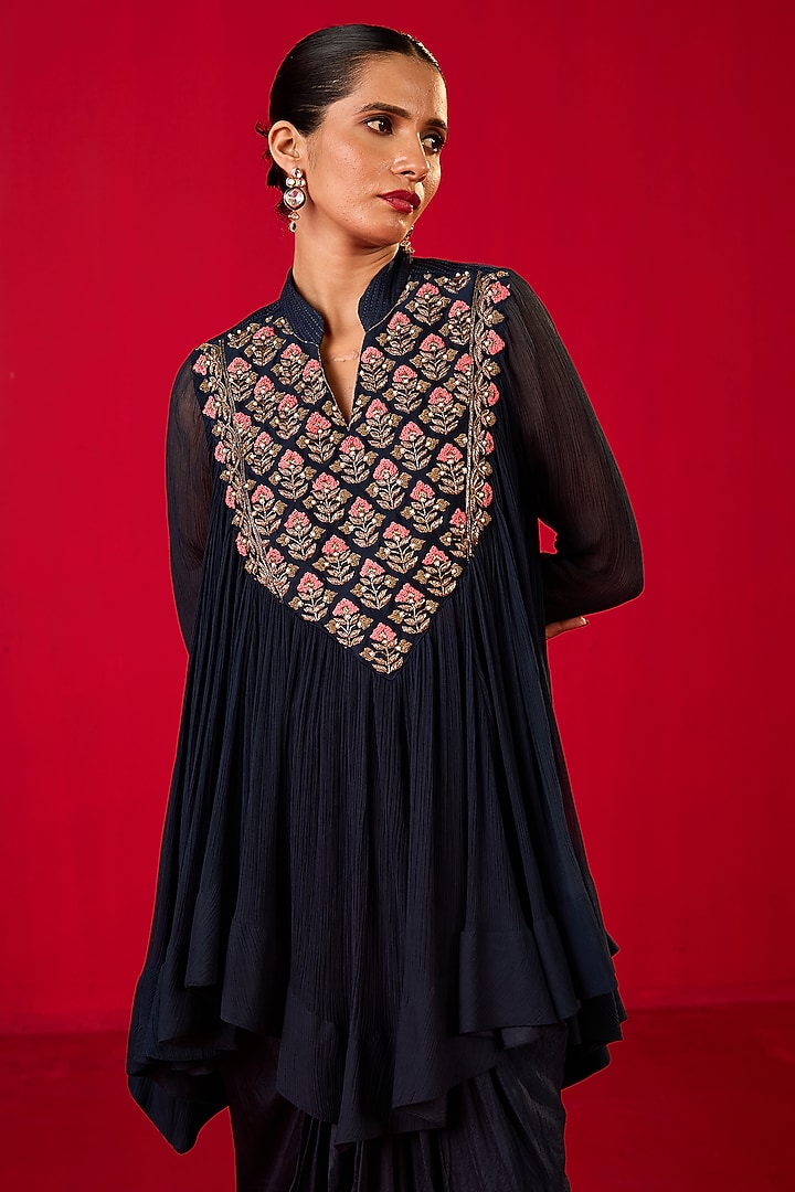 Blue Crepe Crinkled Chiffon Dhoti Set by Rouble Vohra D at Pernia's Pop Up Shop