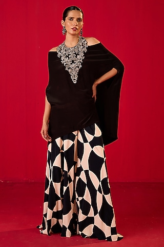 Black & White Crepe Sharara Set by Rouble Vohra D